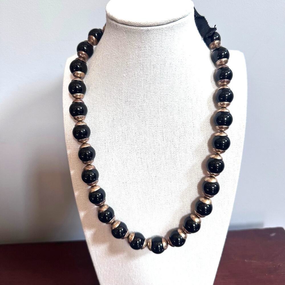 J Crew Black Gold Beaded Ribbon Tie Necklace Long Statement Preppy Classic